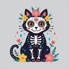 Day of the Dead Cat Illustration in Sugar Skull Style,Colorful Mexican Cat Art with Floral Decorations,Sugar Skull Black Cat Vector for Day of the Dead,Decorative Cat in Mexican Folk Art Style