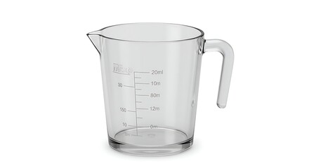 Empty clear plastic measuring cup with ml scale markings for cooking and baking, isolated on a white background.