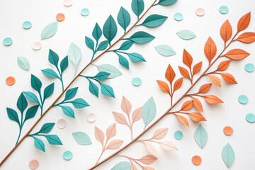 Delicate paper cutouts of teal and orange leaves on branches, scattered with pastel dots on a clean white background