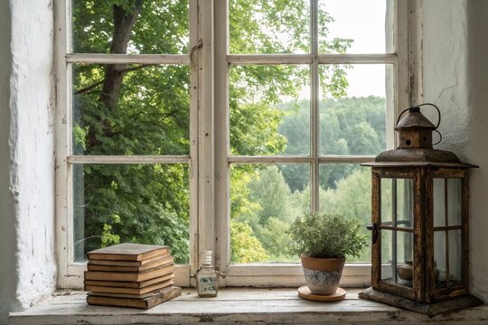 Fototapeta A rustic window sill displays a stack of old books, a small potted plant, and an antique lantern