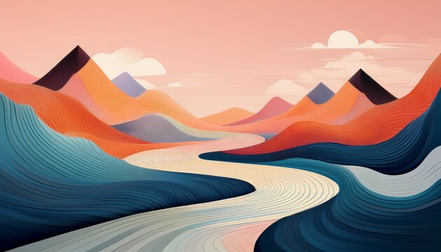 serene abstract landscape with curved river flowing between two stylized mountains beneath a softly colored sky in minimalist design