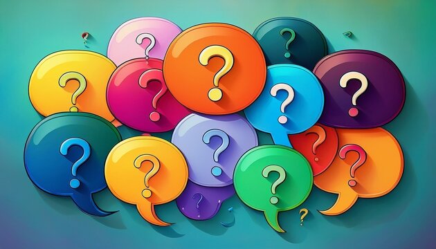 colorful speech bubbles display multiple question marks