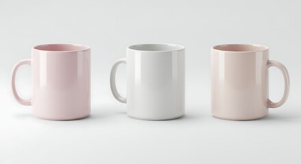 Collection of three pastel colored coffee or tea mugs. Blank white, pink, and beige cups for product branding mockups.