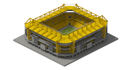Isometric 3D illustration of Signal Iduna Park stadium with a distinctive yellow roof structure, isolated on white.