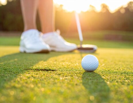 Golfer aiming to putt the ball on a smooth green, close-up of golf ball and putter in warm outdoor lighting.
