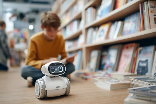 **Highly Realistic Classroom Environment Where A Visually Impaired Student Is Interacting With An Ai-Powered Braille Reader Robot. The Background Features Shelves Of Books And Assistive Tech Equipment