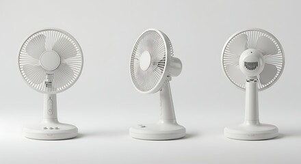 Modern white electric table fan shown from multiple angles, front, side, and back views, isolated on a clean studio background.