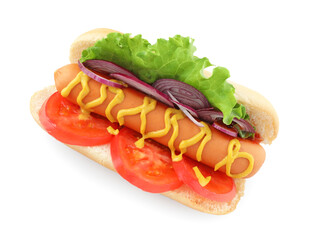 Tasty hot dog with tomato, lettuce, onion, ketchup and mustard isolated on white, top view