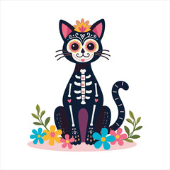 Day of the Dead Cat Illustration in Sugar Skull Style,Colorful Mexican Cat Art with Floral Decorations,Sugar Skull Black Cat Vector for Day of the Dead,Decorative Cat in Mexican Folk Art Style