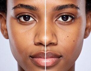 Close-up comparison of woman's face before and after acne treatment showing skin improvement and clarity.
