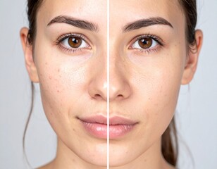 Close-up comparison of woman's face before and after acne treatment showing skin improvement and clarity.
