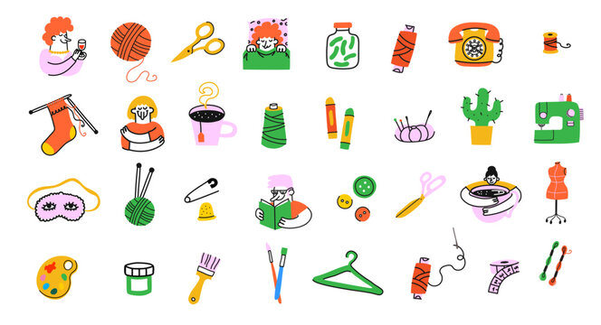 Cute colorful doodle icons related to crafting, knitting, sewing, and cozy lifestyle. Hand-drawn style vector illustration with creative objects, people, and hobbies