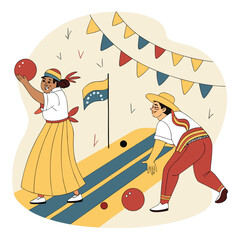 Obraz premium Two people playing traditional venezuelan bowling with a flag and festive decorations in the background