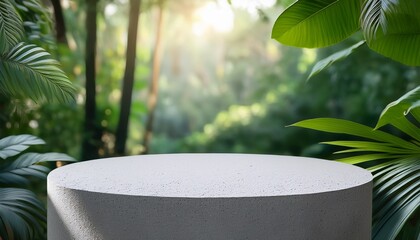 minimal concrete podium table top with outdoors in tropical forest nature background natural product pedestal modern stand display jungle paradise concept