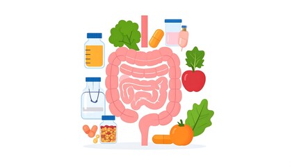 Healthy gut concept with fruits vegetables and supplements for wellbeing diagram
