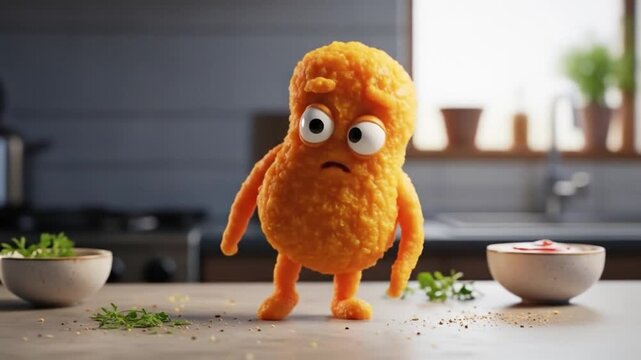 Animated Chicken Nugget Character Expressing Sadness in a Kitchen Setting with Condiments and Herbs, Perfect for Food Industry Marketing