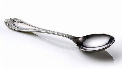 a single silver spoon resting on a white background