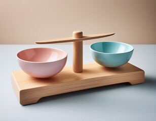 stylish minimalist wooden balance scale with pastel bowls on a light background for conceptual justice representation and fairness symbolism