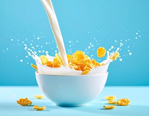 Milk pouring into a bowl of cornflakes with splash effect on blue background, vibrant and energetic breakfast scene.
