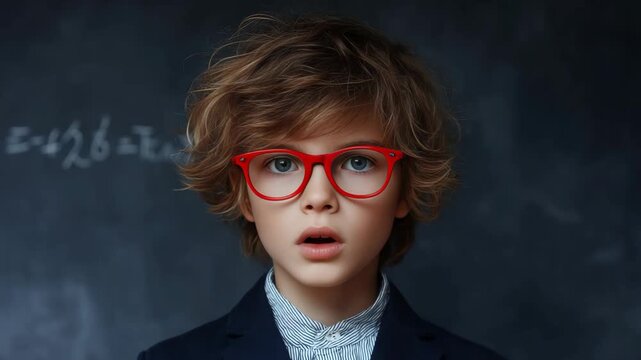 Portrait of young student in glasses wearing a school uniform, with serious and thoughtful expression.