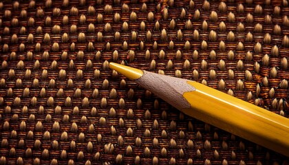 a yellow pencil lies on a dark brown and gold woven fabric