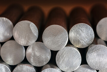 Cylindrical steel components from a heavy industry plant, close-up view