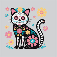 Day of the Dead Cat Illustration in Sugar Skull Style,Colorful Mexican Cat Art with Floral Decorations,Sugar Skull Black Cat Vector for Day of the Dead,Decorative Cat in Mexican Folk Art Style