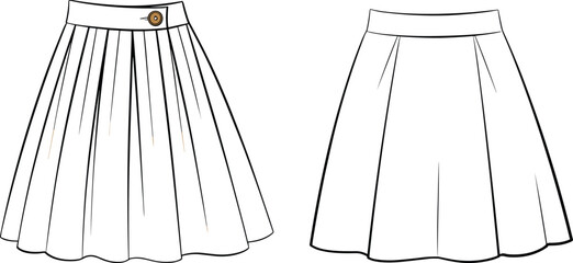 Vector CAD drawing illustration of a pleated wrap skirt with button closure and flared silhouette, front and back view fashion design