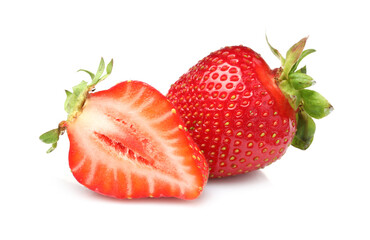 Whole and cut strawberries isolated on white