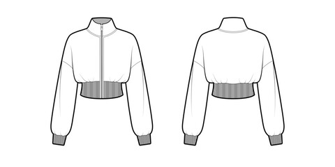 Bomber Jacket Cropped Front Zip Up Elastic Cuffs and Hem- Front and Back View- Fashion Vector Illustration- Vector Template- CAD Mock-up © JenelleIrish