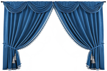 Elegant blue draped curtains with tassels isolated on a transparent background