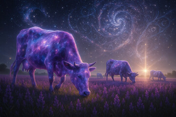 photorealistic ultra-detailed surreal alien cosmic cows made of nebula gas grazing in a lavender field under a fractal galaxy sky