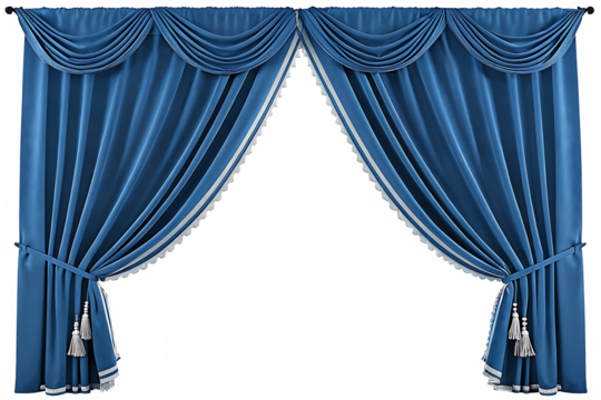 Elegant blue draped curtains with tassels isolated on a transparent background