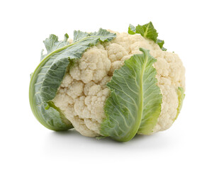 One fresh cauliflower with green leaves isolated on white