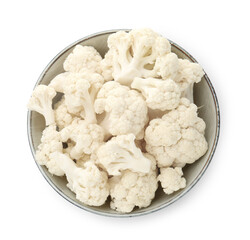 Fresh cauliflower florets in bowl isolated on white, top view