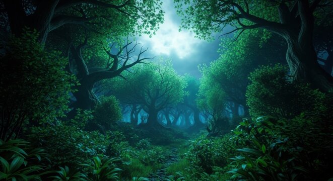 Enchanting Moonlit Forest Pathway Bathed in Ethereal Green Light - Powered by Adobe