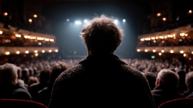 A man seen from behind is the focal point in a crowded theater, watching a performance on a brightly lit stage, symbolizing individual experience, live entertainment and the arts