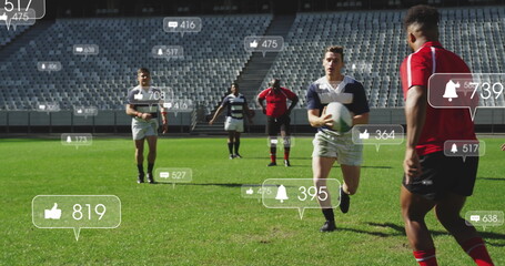 Running central rugby player wearing jersey holding white ball at stadium, with reaction icons