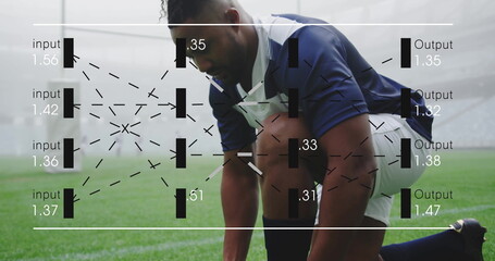 Athlete wearing jersey, white shorts kneeling on stadium turf with neural network graphic overlay