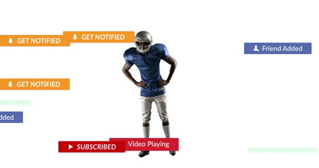 American football player posing in uniform on canvas with Get Notified banners and UI notifications