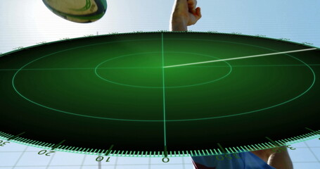 Green radar display spinning over sky grid background, showing ball and athlete in blue red jersey