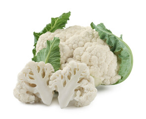 One fresh cauliflower head and pieces of floret isolated on white