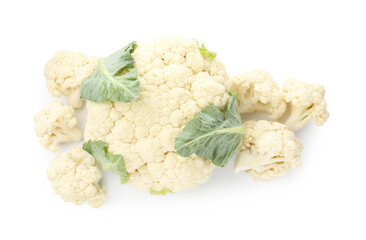 Fresh cauliflower head and pieces of florets isolated on white, top view