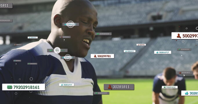 Gasping African American athlete recovering on grass at stadium, with floating digital overlays