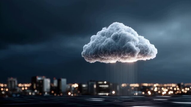 Animation of a single rain cloud hovering over a glowing city skyline at night, representing concepts of cloud computing, data storage and localized information