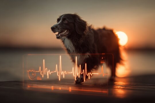 Beach adventure with holographic dog health monitoring. Cooling vests. Vital tips to avoid dog heatstroke and ear infections this summer. Pet protection. Summer risks. - Powered by Adobe