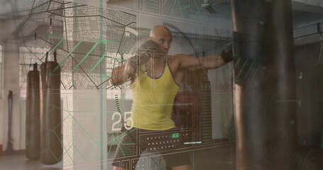 Boxer punching heavy bag in boxing gym, with yellow tank top, black gloves and data overlay