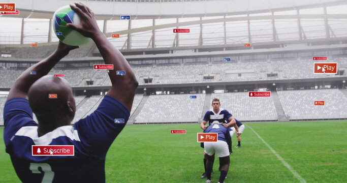 Raising player throwing multicolor rugby ball on pitch in stadium with digital overlays, copy space