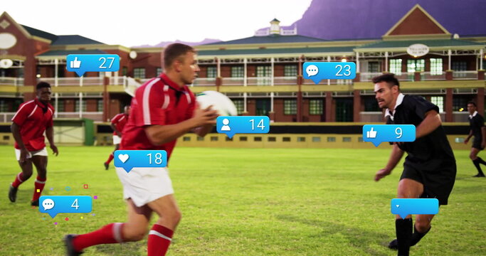 Charging rugby player wearing red jersey holding white ball on grass, with social icons, copy space - Powered by Adobe
