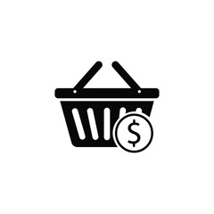 shopping,basket,retail flat icon illustration of a black shopping basket with a dollar sign for retail commerce or product purchase